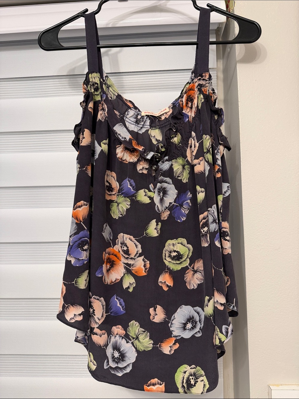 Rebecca Taylor 100% Silk Navy Floral Ruffle Strap Camisole